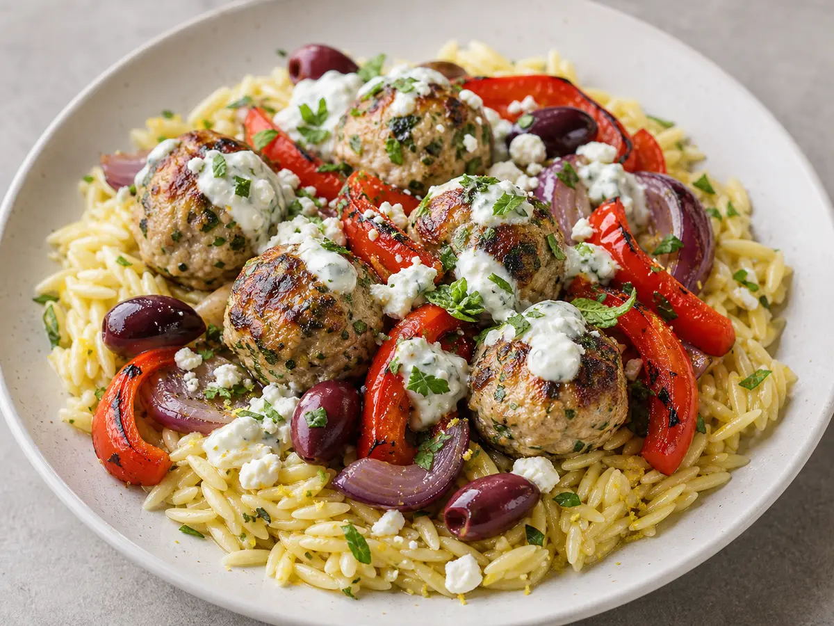 Greek Turkey Meatballs with Lemon Orzo & Feta Yogurt Sauce